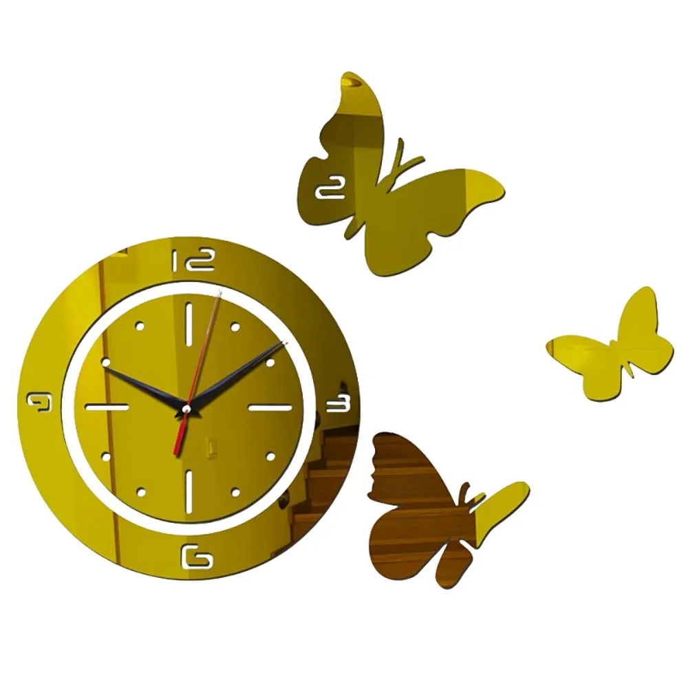 Mirror Wall Stickers Fashion Creative Diy Acrylic Wall Clock 3d Butterfly Digital Clock No Battery Modern Kitchen Living