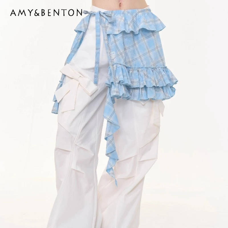 

American Retro Design Blue Plaid Irregular Hem Women's Skirt Lace Layered Versatile Sweet Cool Fart Curtain Skirts For Ladies