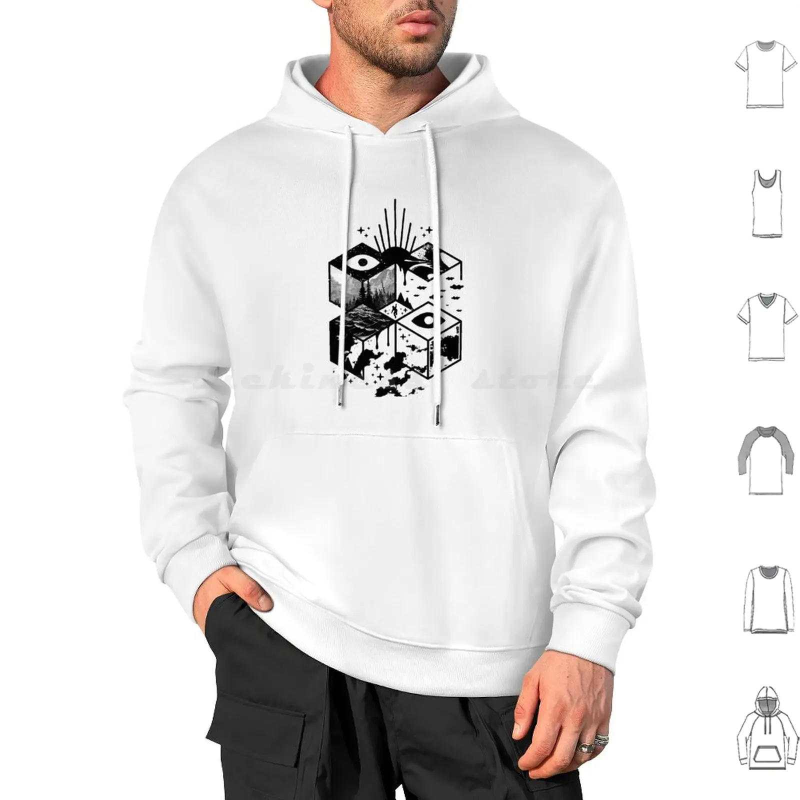 Dimensional Disruption Hoodies Long Sleeve Dimensions Geometric Illustrative Black And White Eyes Shapes Dream