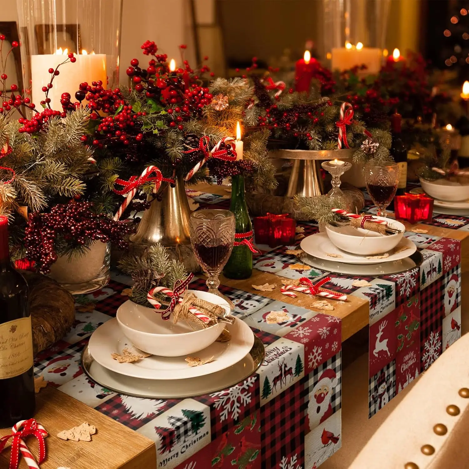 Christmas Gnomes Snowman Red Checkered Linen Table Runner Dresser Scarves Winter Xmas Kitchen Table Runner Navidad Decorations