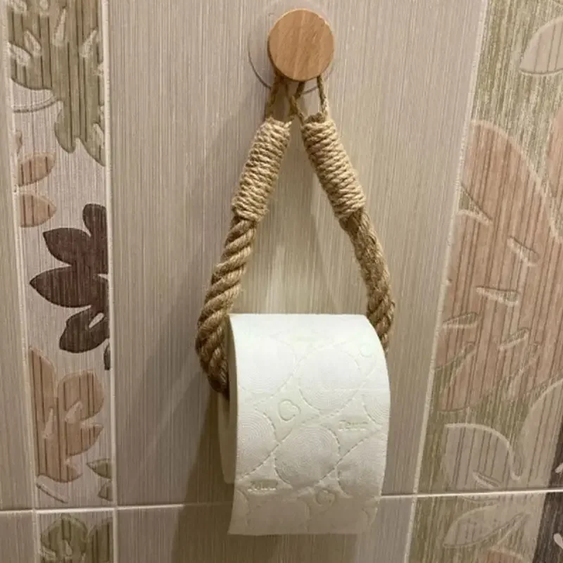 1pc Hemp Rope Tissue Holder Hole Free Wall Hanging Cotton String Hemp Rope Tissue Holder Solid Wood Roll Paper Holder Shelf