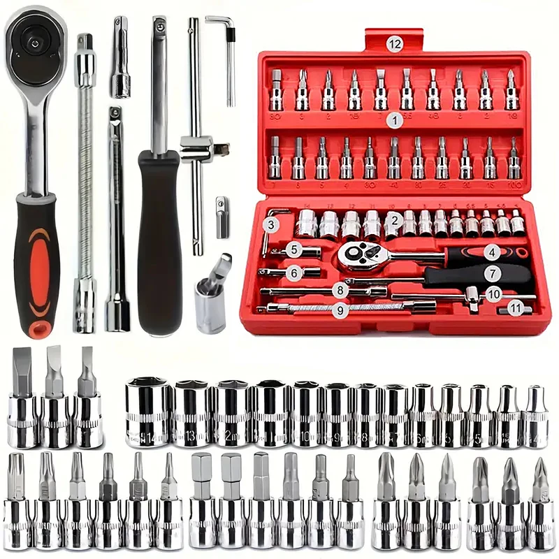 

46pcs Ratchet Socket Wrench Set Car Tool Kit 1/4 Inch Screw Drive Bit Socket Wrench Set Metric Mechanic Tool Set Accessories