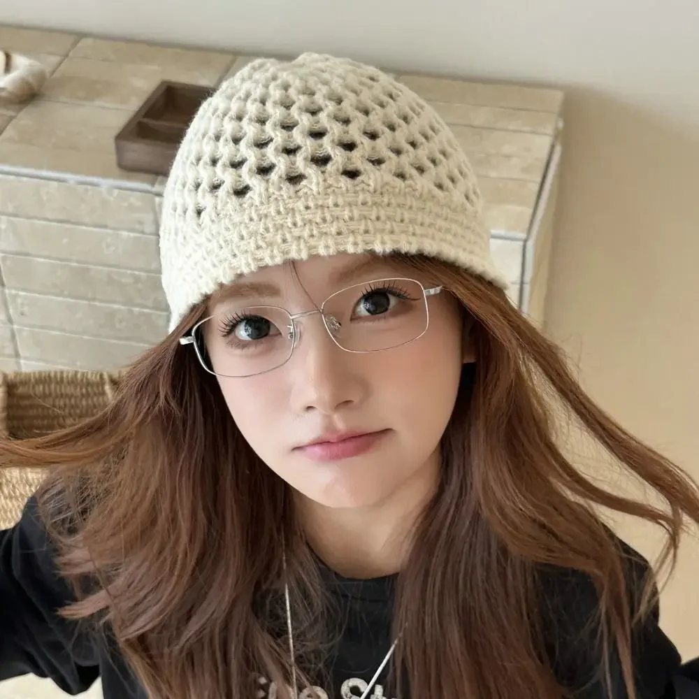 

Sweet Bohemian Style Knitted Beanies Hat Thin Korean Crochet Pullover Hat Hollow Out Breathable Weave Cap Autumn
