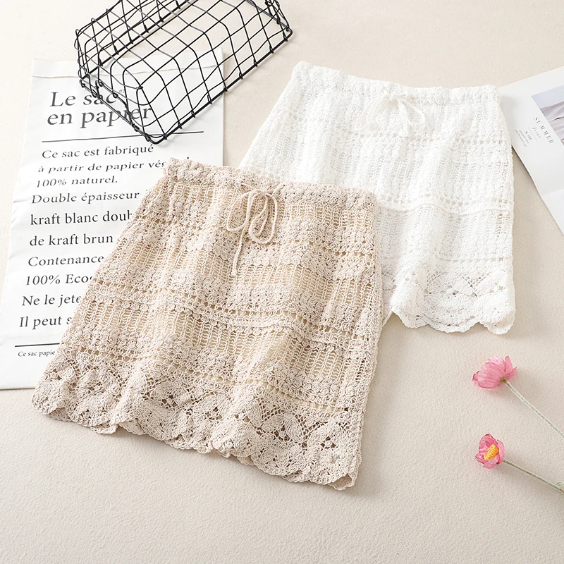 Beach Vaion Knitted Lace f Skirt Women's High Waist Versatile Hook Flower Hollow out Wrap around A-Line ort Skirt