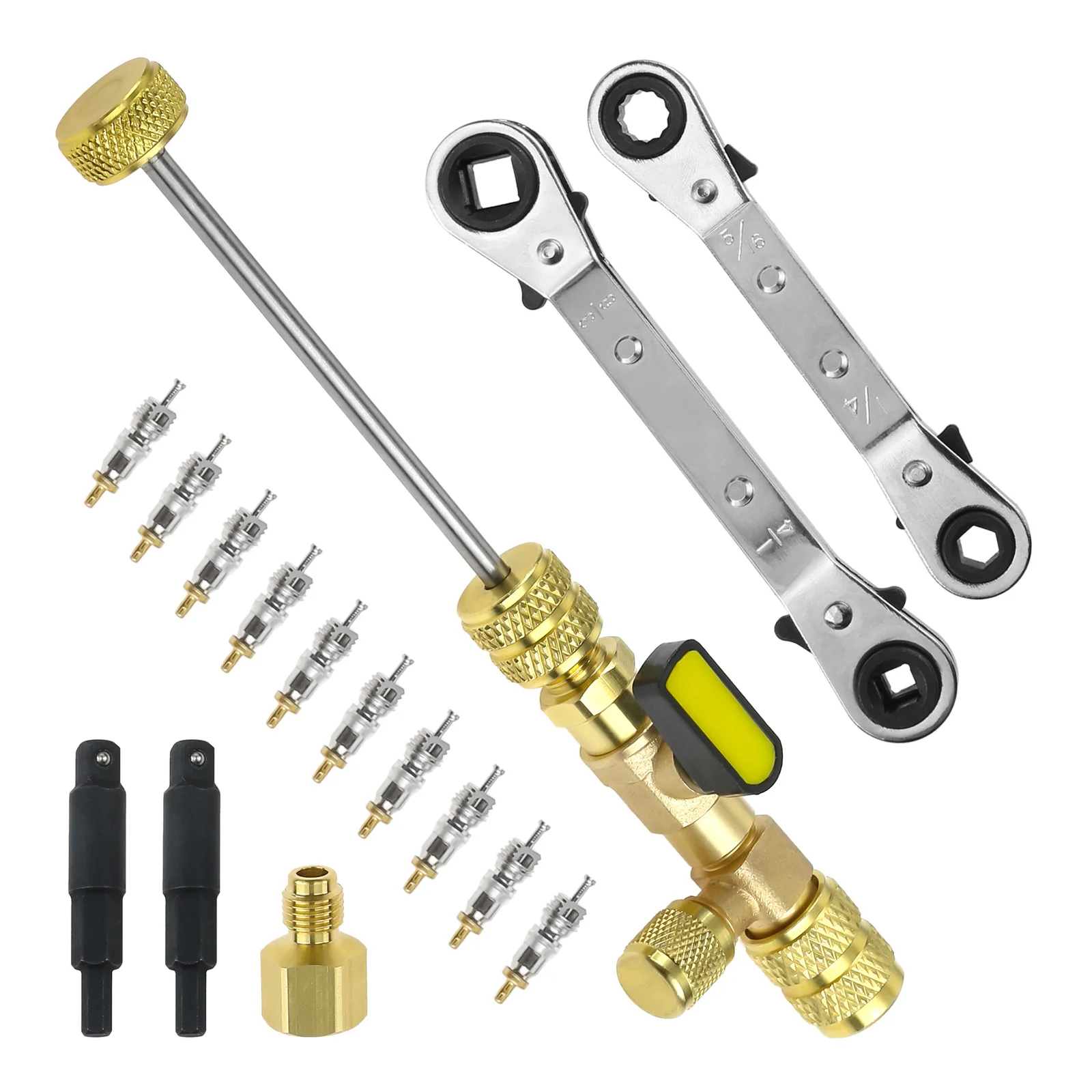 16pcs/kit HVAC Service Ratchet Wrench Hex Bit Adapters Brass Valve Core Remover Tools 3/16