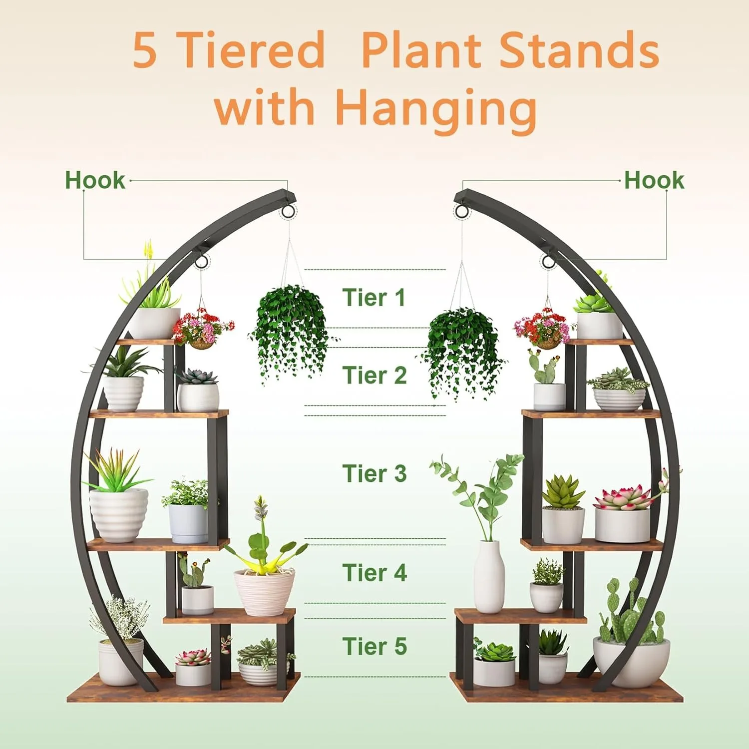 5 Tier Large Plant Stand Indoor, Half Moon Plant Shelf Ladder Flower Pot Stand Rack, Multi-Purpose Curved Flower Display
