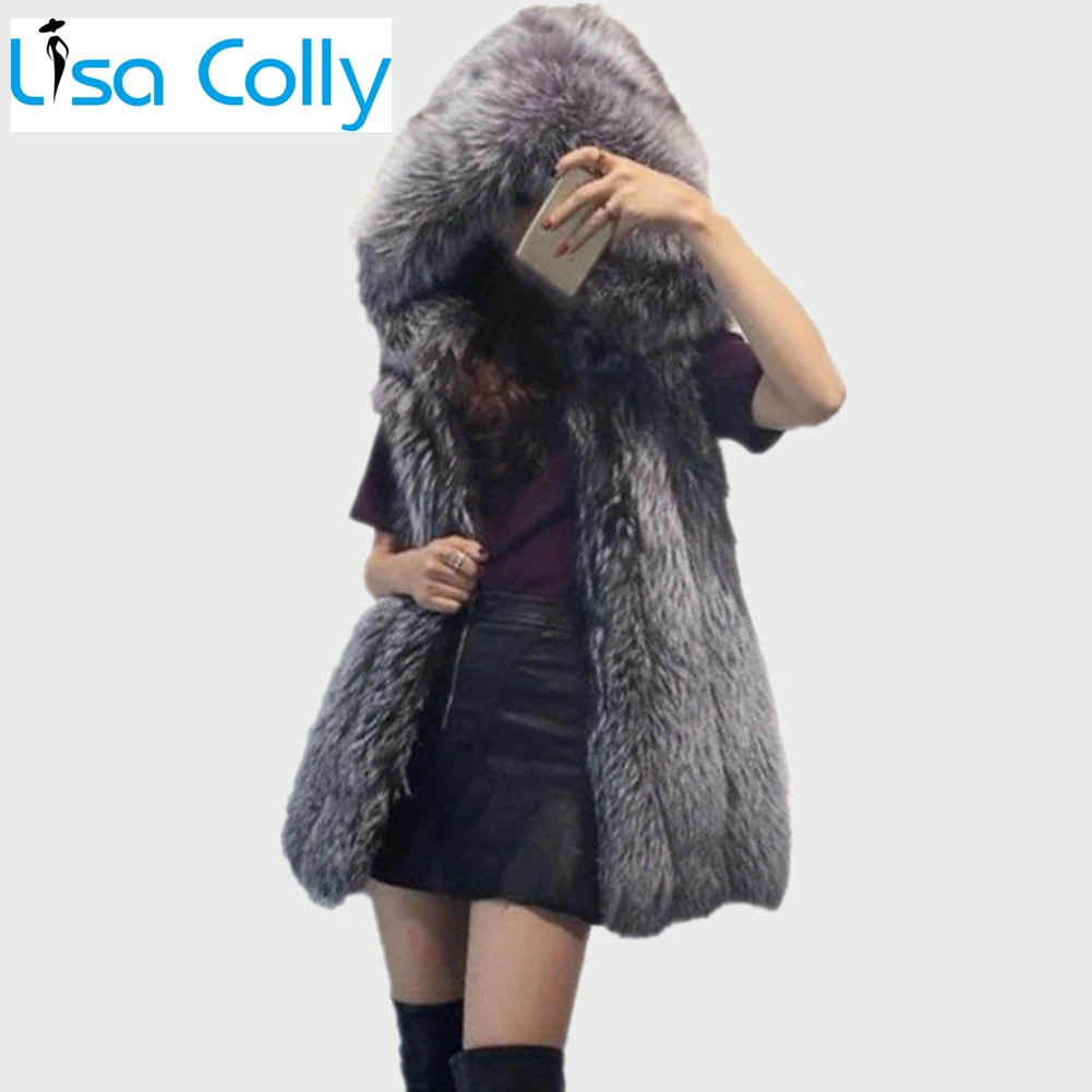 Winter Women Faux Fur Vest With Hooded Woman Faux Fox Fur Coat Long Furs Coat Jacket Female Ladies Overcoat