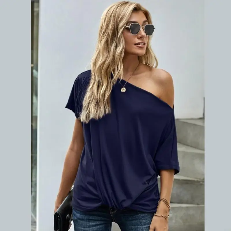 

M6CC Womens Short Sleeve Cold Shoulder Irregular Shirt Blouse Elegant Twist Knot Front Asymmetrical Loose Plain Top