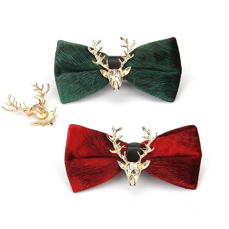 Stylish Men's Velvet Christmas Reindeer Head Wedding Bow Tie Boutonniere, Trendy Foreign Trade Banquet Lapel Flower