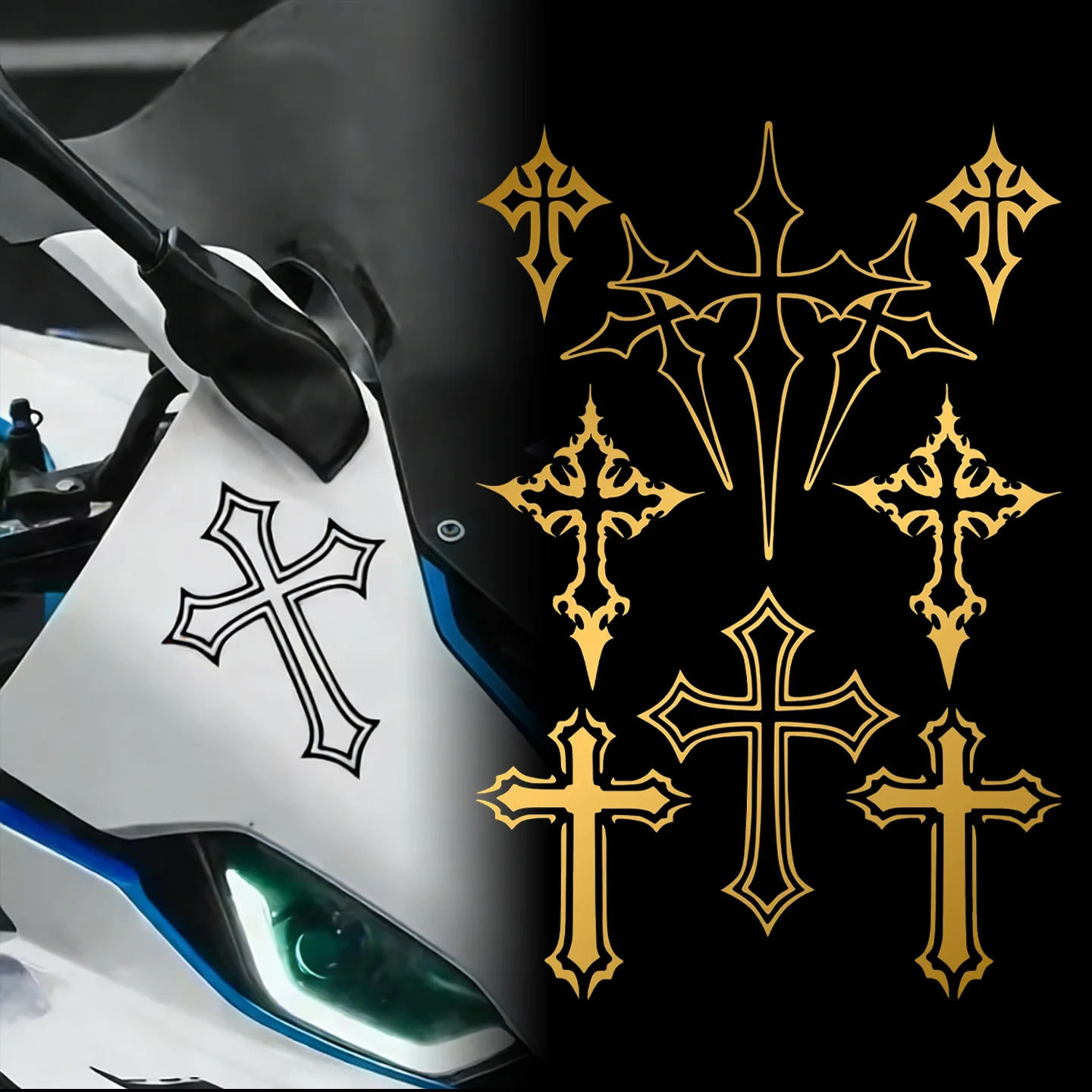 Gothic Cross Multi‑Pattern Vinyl Sticker Sheet Dark Style Decal for Car Motorcycle Helmet Laptop Water Bottle Luggage Bike Frame