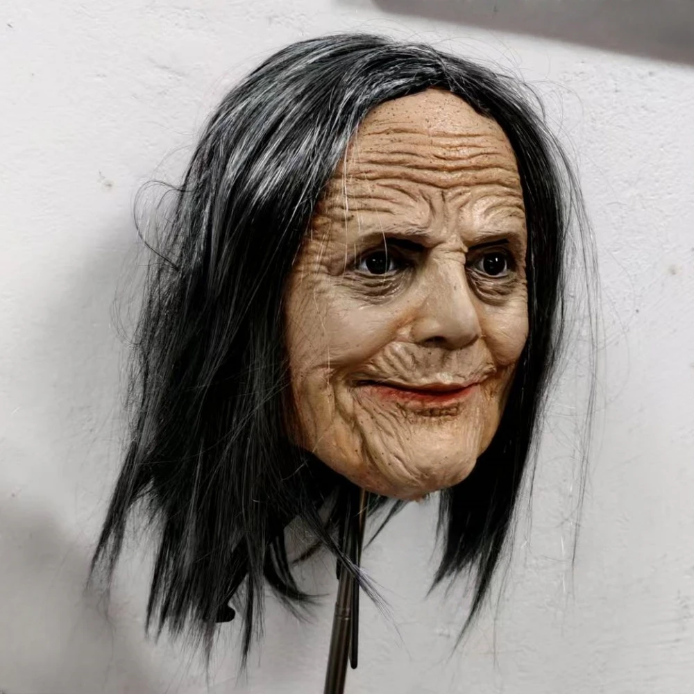 Realistic Rubber Grandma Mask with Grey Wig for Cross Dressing Cosplay Nana Prop Soft Nun Party Costume Accessory