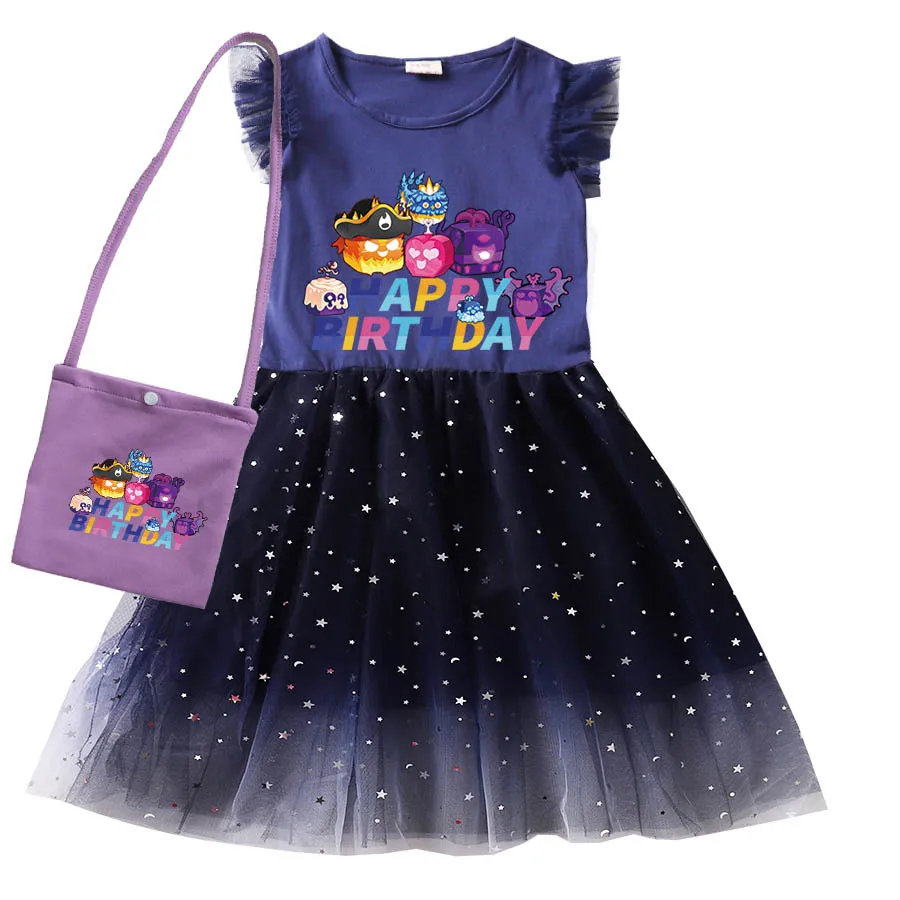 Bambini ragazze Cartoon Blox Fruits Dress vestiti estivi senza maniche Mesh Princess Dresses Baby Flower Cartoon Birthday Party Vestidos