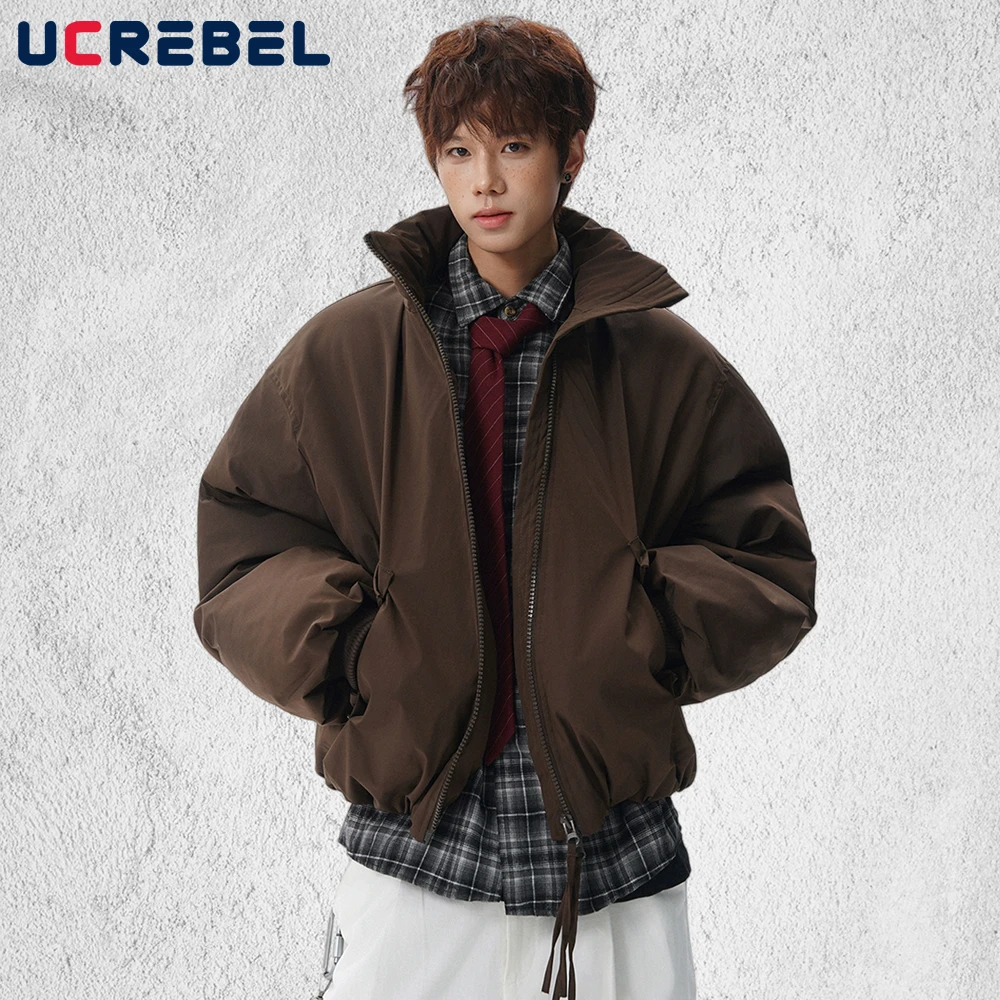 

Solid Color Stand Collar Padded Jacket Mens Pocket Winter Retro High Street Long Sleeve Loose Thick Quilted Jacket Man