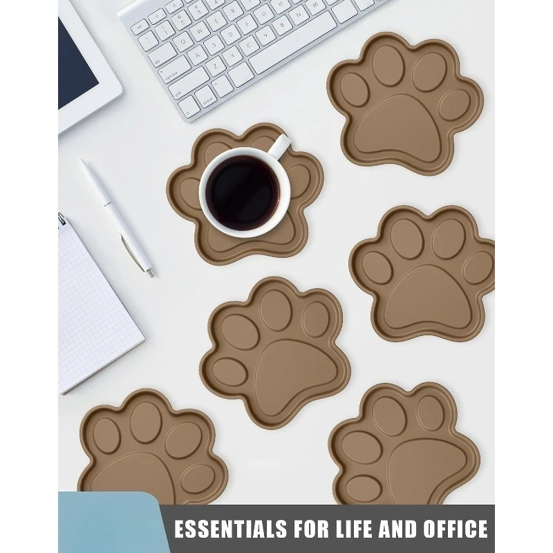 Silicone Coasters 6 Pack Paw Cup Mat with Holder, Dog Cat Paw Shape, for Hot or Cold Drink, Non-Slip, Non-Stick, Room Decor, Housewarming Coffee