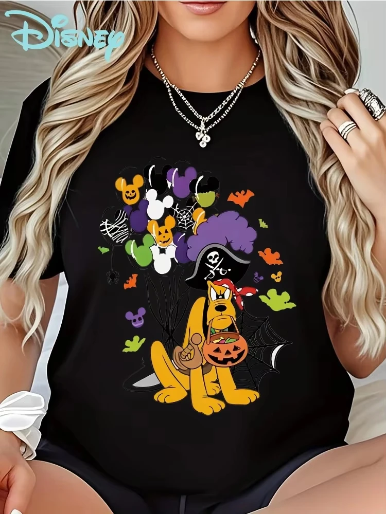 

Ladies Disney Pirates Halloween T-shirt Cute Pluto Wearing Pirate Costume and Ghost Bat Pattern Casual Top NostalgicCharacterTop