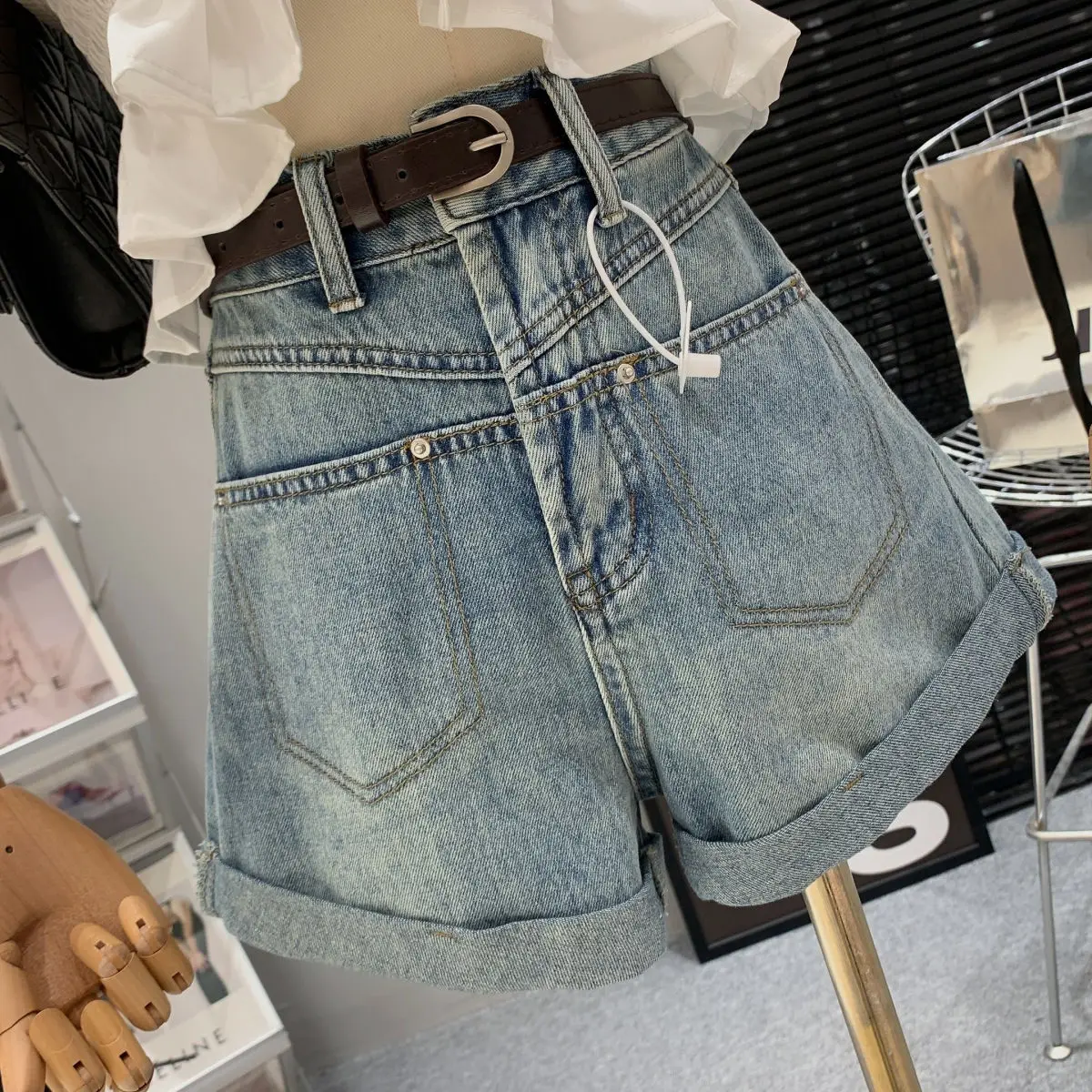 Korean Version High Waisted Denim Shorts With Rolled Edges Women's Summer New Fashion Multi Pocket A-line Wide Leg Hot Pants