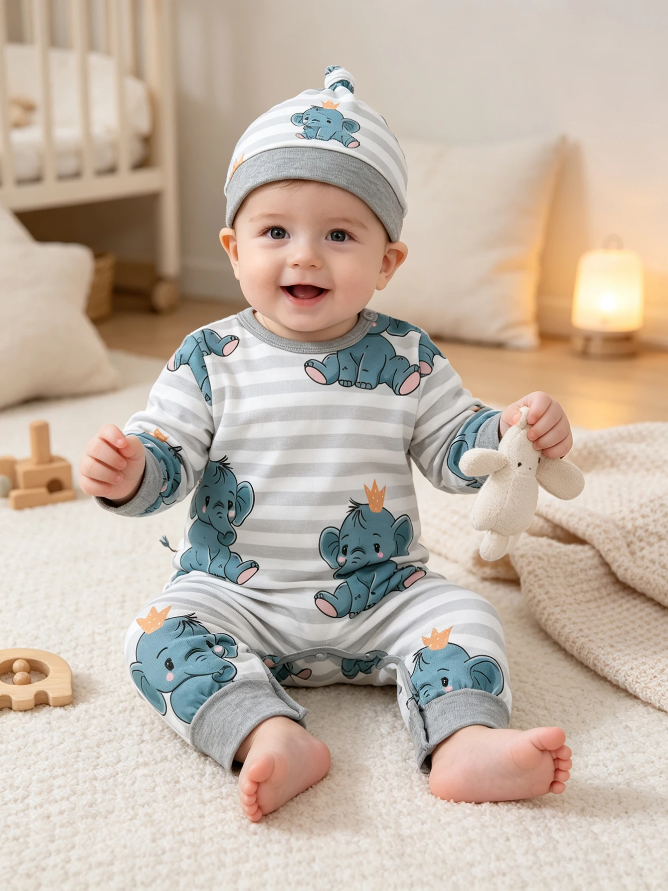 Baby Clothing Elephant - Sevimli Fil Baskılı Uzun Kollu Tulum