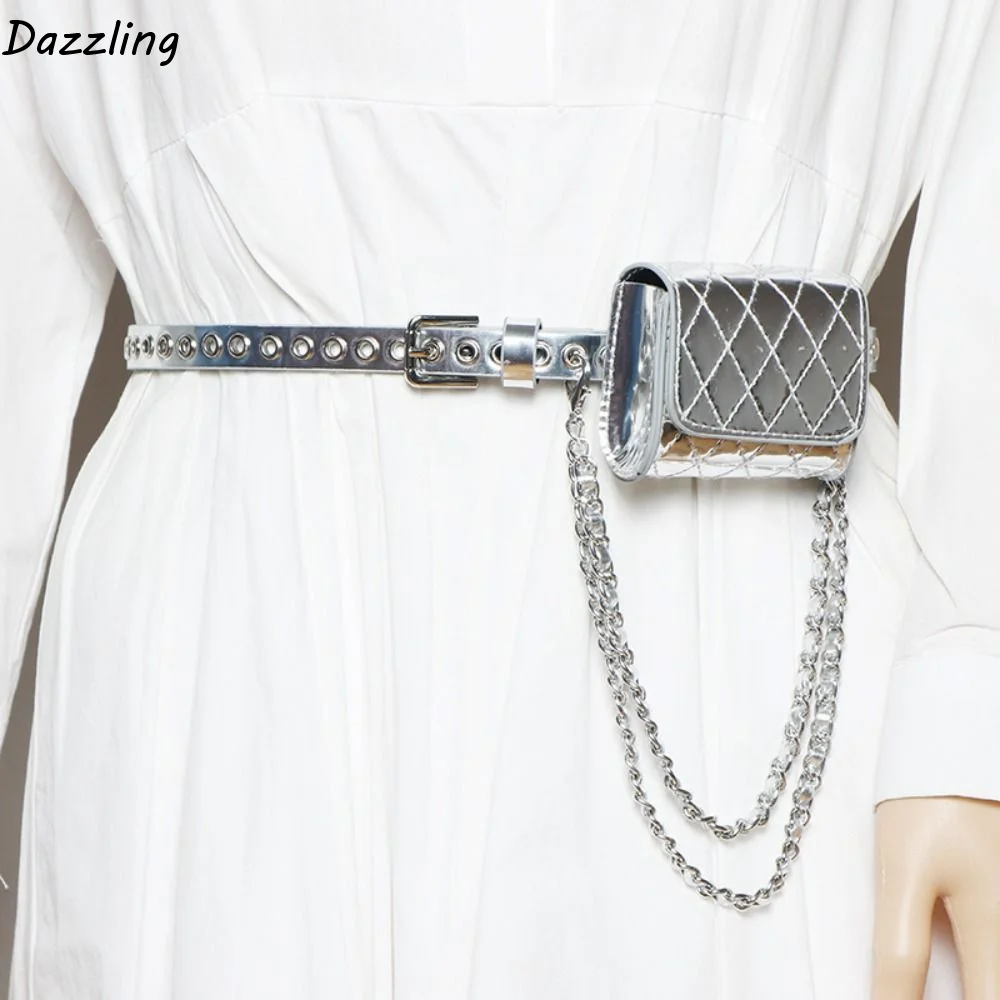 Portable Korean Style Women Waist Bag PU Silver Belt Waist Bag Chain Decorative Small Bag Women Belt Bag Women