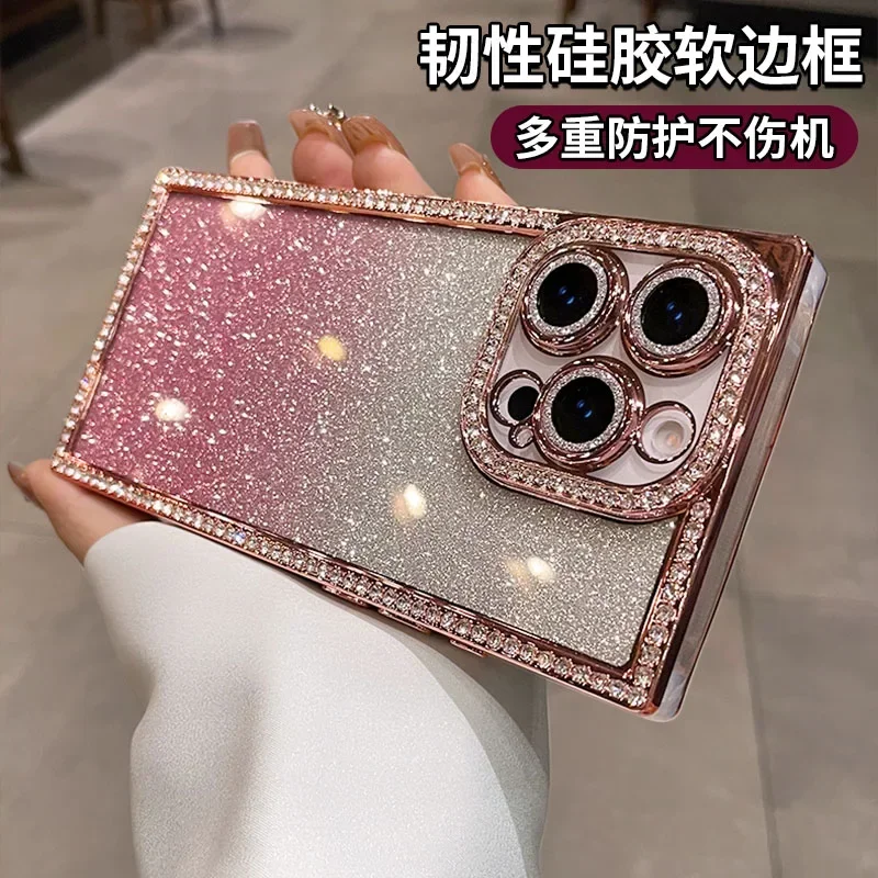 

Luxury Plating Diamond Rhinestone Glitter Case For iPhone 13 14 15 16 Pro Max Transparent Bling Clear Soft Silicone Bumper Cover