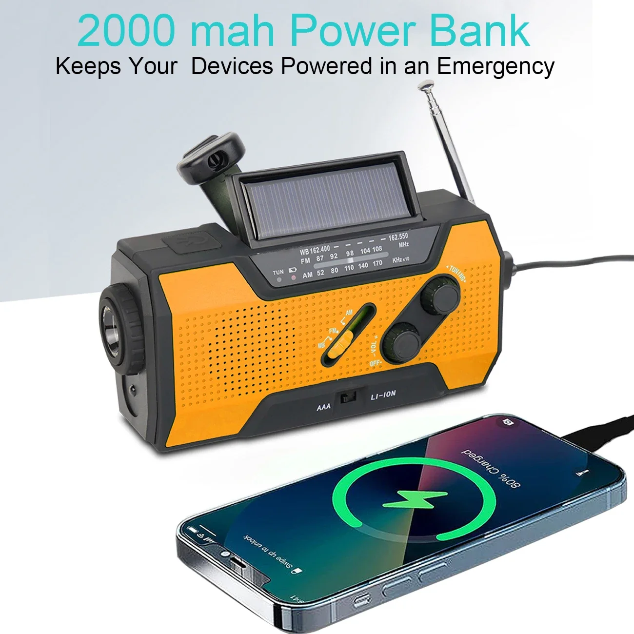 Portable Hand Crank Radio, Emergency Weather Radio Solar Powered, AM/FM, SOS Alarm, LED Reading Lamp, Flashlight, 2000 MAh Batte