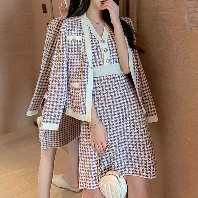 Autumn Winter Houndstooth Two Piece Set Knitting Dress Women Casual Thick Female Clothes Button Long Sleeve Sexy Chic Dress Suit