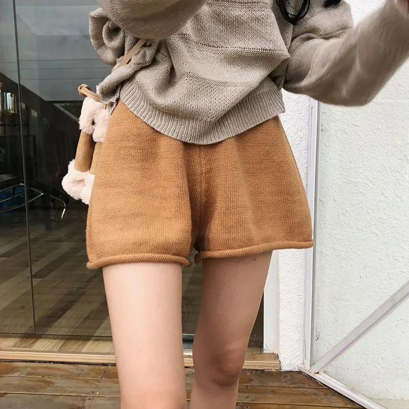 

Gagaok гофрированные вязаные шорты женские осенние широкие шорты трапециевидной формы с высокой талией корейская мода нежные однотонные Ropa De Mujer