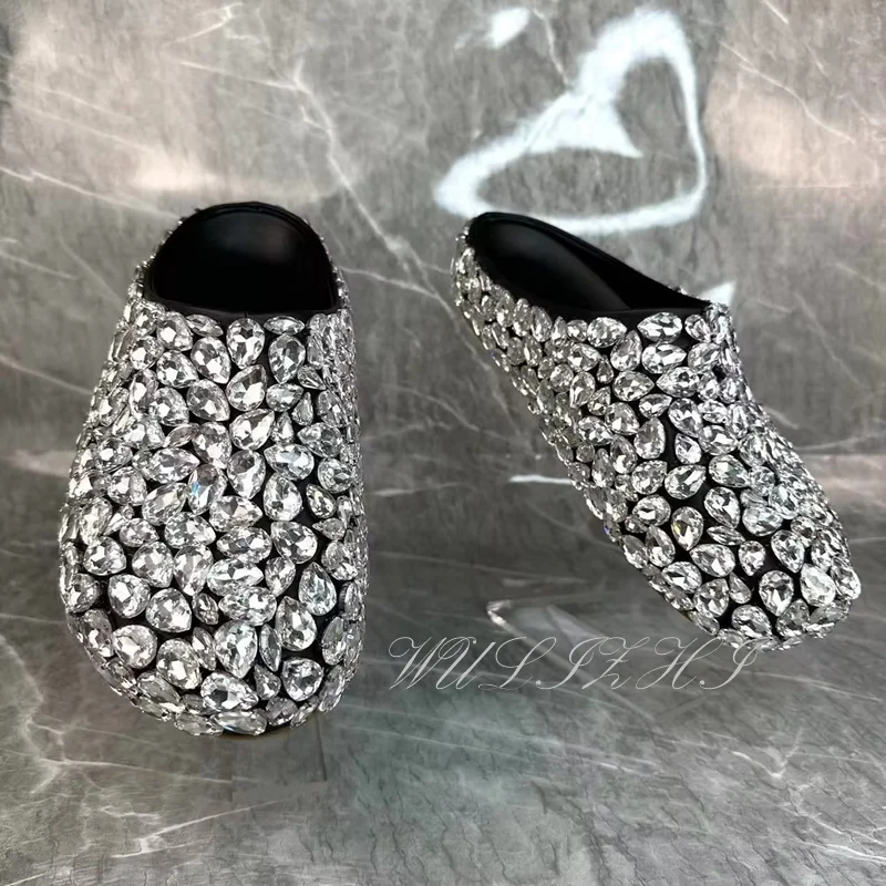 Silver Big Diamond Round Toe Flat Slipper Women Bling Cover Mules Black Leather Sole Fashion Crystal Glitter Fashion Casual Shoe