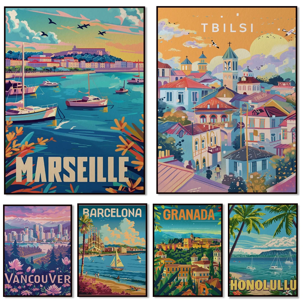 Detroit, Marseille, Honolulu, St. Petersburg, Oakland, Rome, Buffalo, Tbilisi, Sacramento, Beirut, Granada travel poster art
