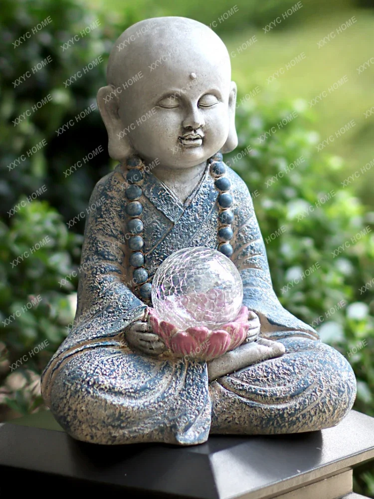 Solar Light Outdoor Samanera Buddha Statue Chinese Garden Courtyard Layout Balcony Furnishings & Decoration Zen Ornament