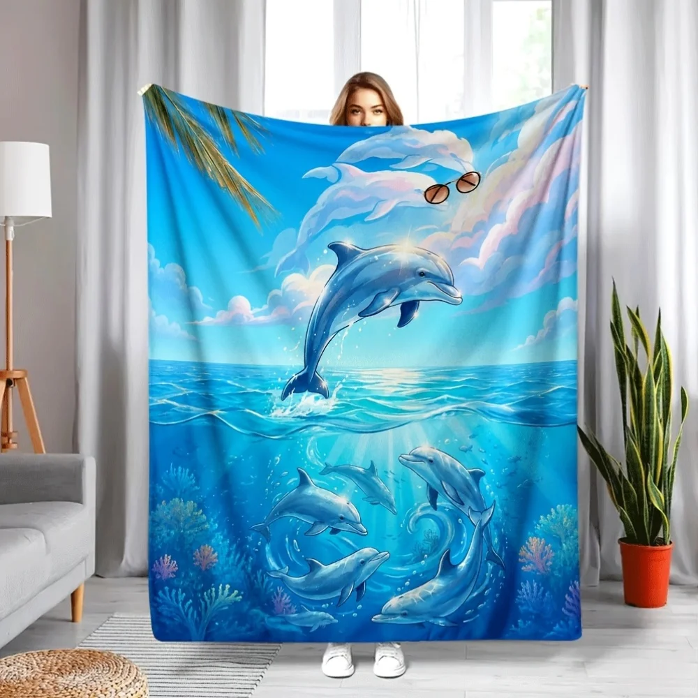 Ocean Jumping Dolphin Flannel Throw Blanket, Tropical Seawater Coral Print Soft Warm Blanket for Sofa Bedroom Home Decor