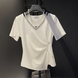 Summer Korean Version of Young Style Fashionable Slim Fit Short Sleeved Solid Color V-neck Patchwork Pleated Women's T-shirt Top