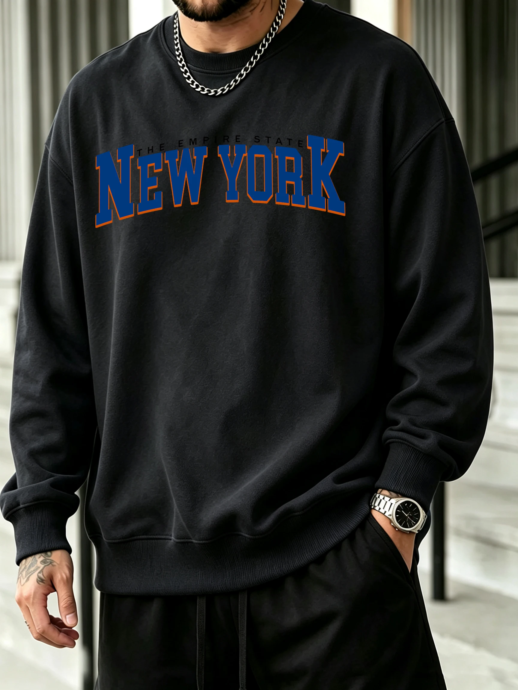 The Empire State New York Pattern Men Daily Sweatshirt Fashion Clothing Crewneck Commute Long Sleeve Unisex Soft Fleece Pullover