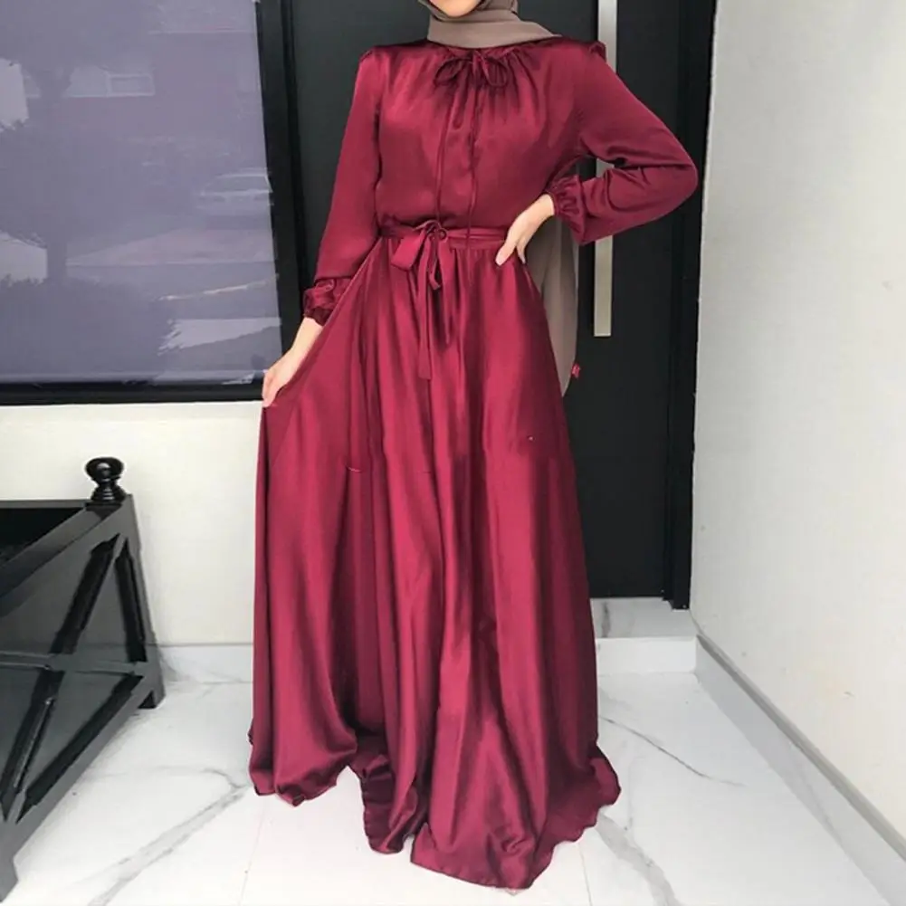 

O-neck Long Sleeve Waist Tight Women Dress Elegant Smooth Satin Large Hem Traditional Dress Female Clothing