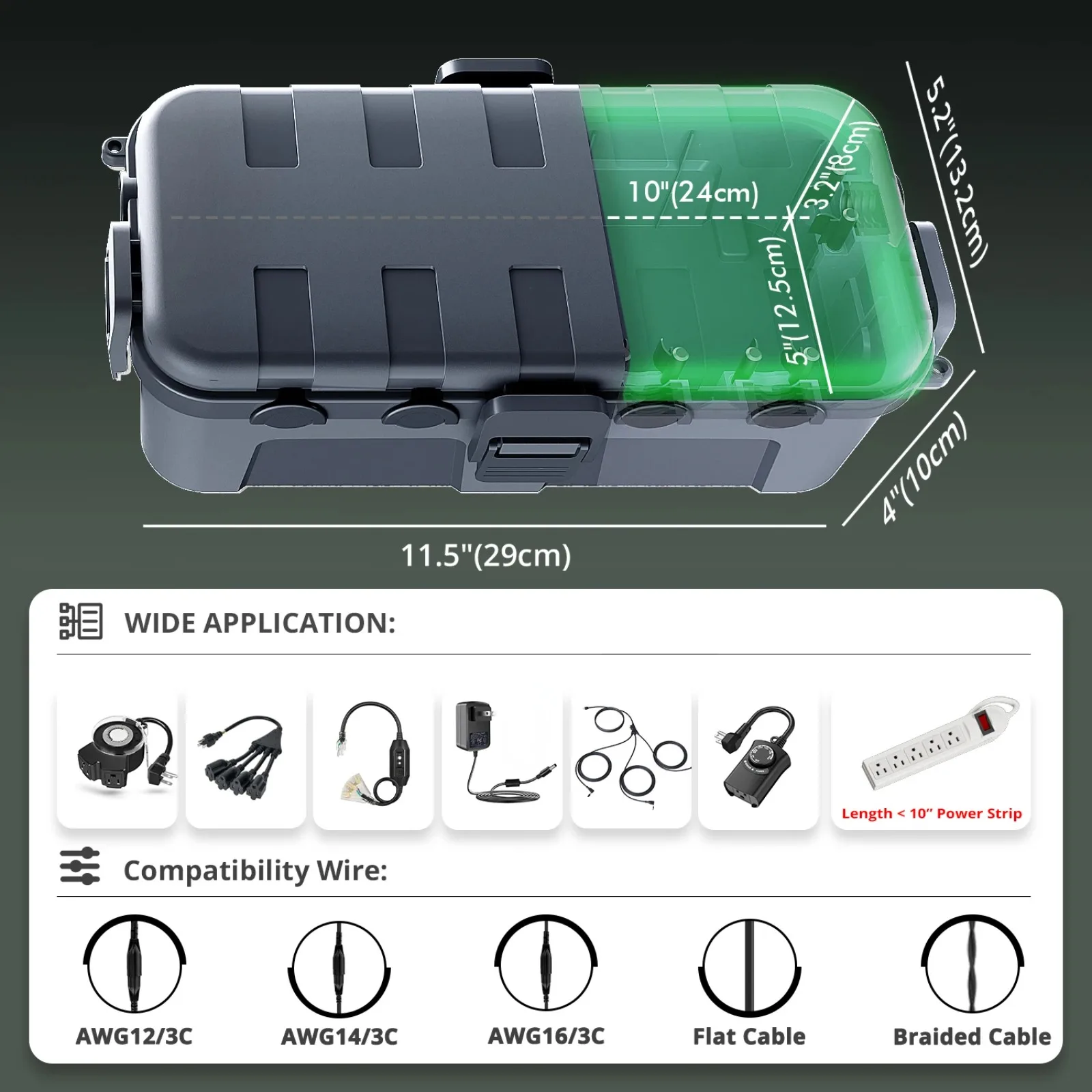 Outdoor Electrical Box 29x13.2x10cm IP54 Waterproof 6 Cable Ports Padlock Holes Ideal For Landscape Lights Garden Tool Pool Pump