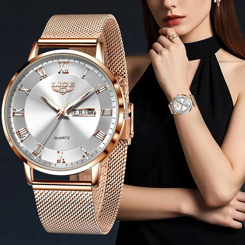 LIGE New Fashion Rose Gold Ultra Thin Mesh Women's Bracelet Watch Simple Elegant Luminous Waterproof Quartz Watches For Women