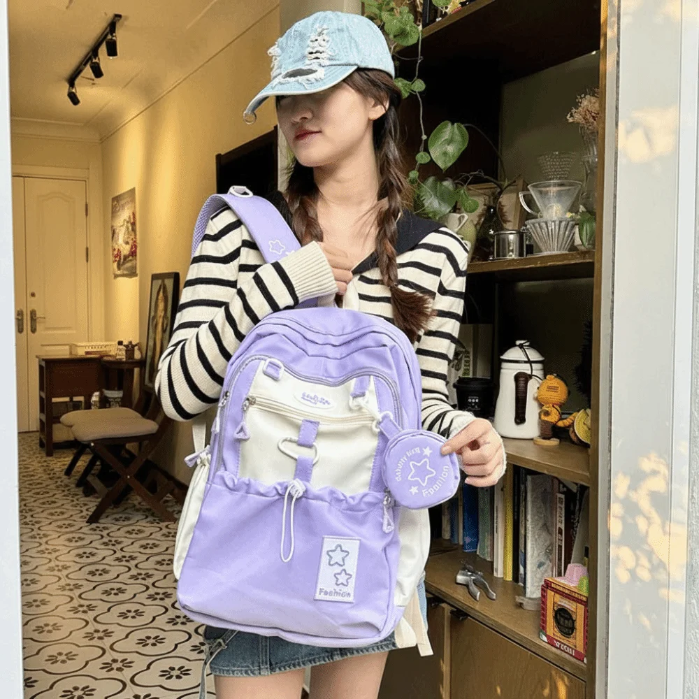 Trendy Star Women Backpack with Coin Purse Cartoon Nylon Shoulders Bag Korean Style Large Capacity Student Schoolbag Gilrs
