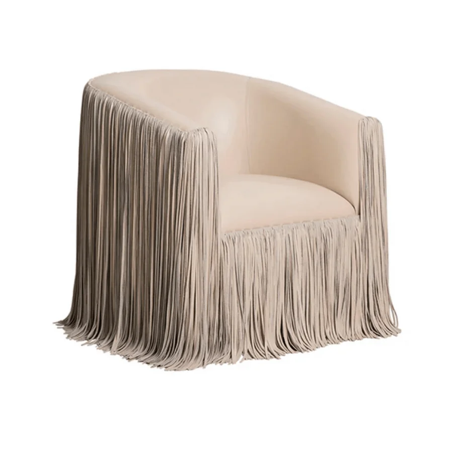 #Modern Luxury Living Room Tassels Leather Single Sofa Chair  Wooden Swivel Chair Fringes Designer Reclining Armchair for Home