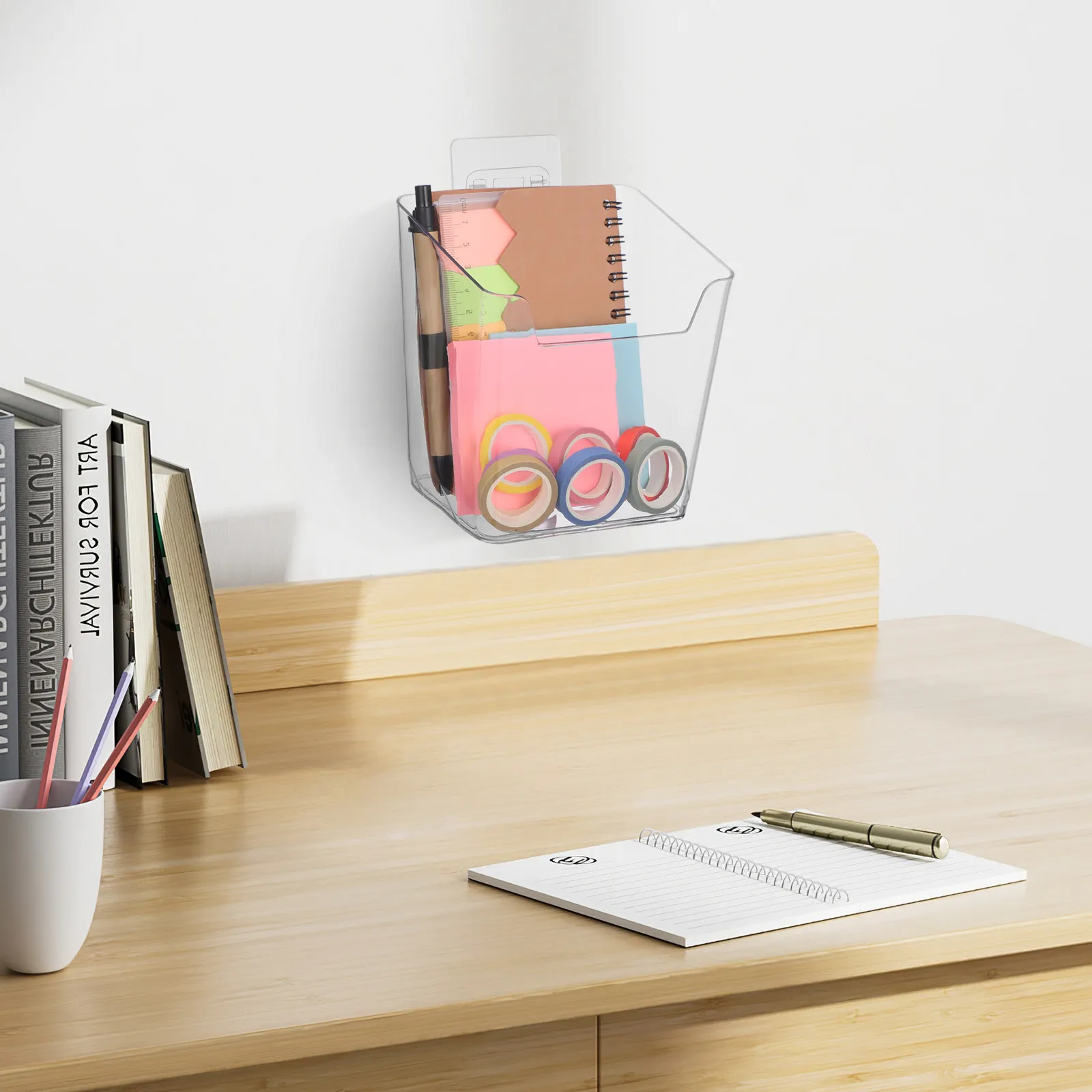 4Pcs Wall Mounted Storage Box Clear Adhesive Organizer No-Drill Bathroom Kitchen Office Pen Holder Pencil Holder Storage Rack