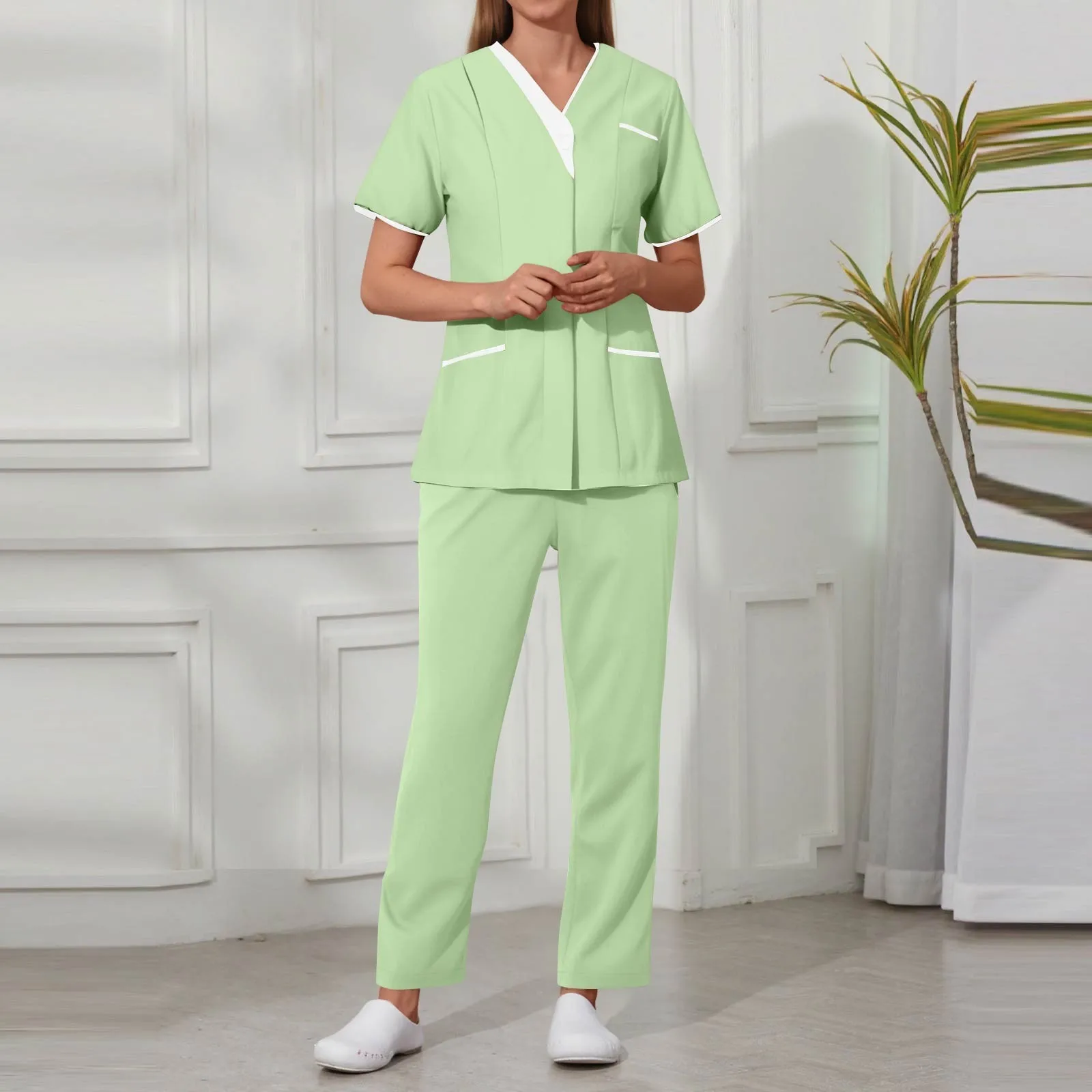 Uniformes médicos femininos com decote em v manga curta enfermeira scurbs conjunto hospital médico workwear cirurgia dental oral conjunto de trabalho