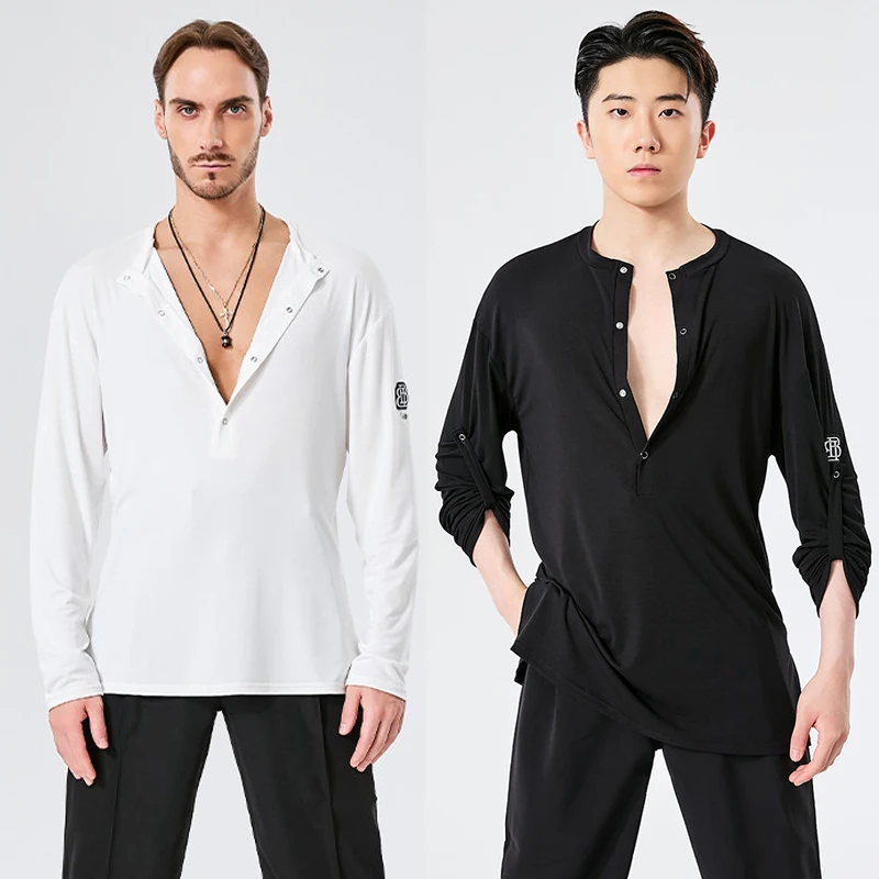Men Latin Dance Costume V Neck Long Sleeves Tops Chacha Ballroom Dance Performance Clothes Competition Tops Adult Male Latinwear