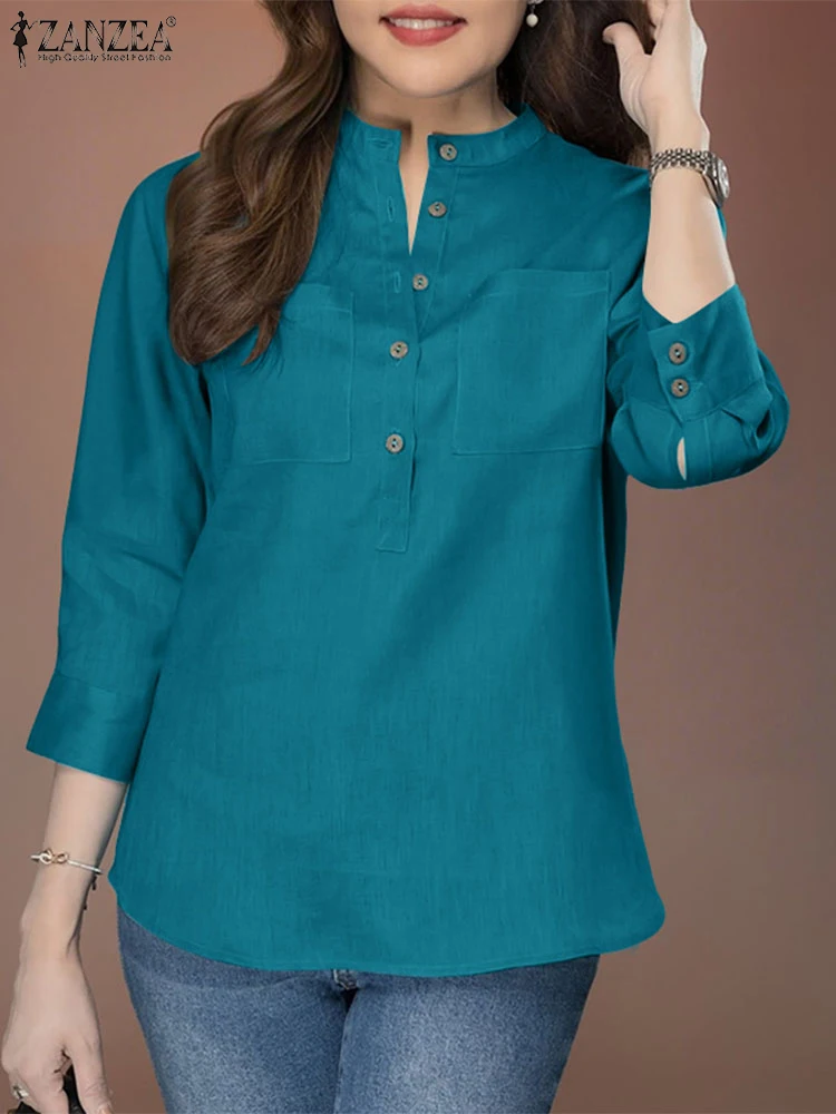 

ZANZEA 3/4 Sleeve Casual Solid Tunic Tops Cotton Linen Everyday Commute O-Neck Vintage Blusas Mujer Women 2025 Summer Blouses
