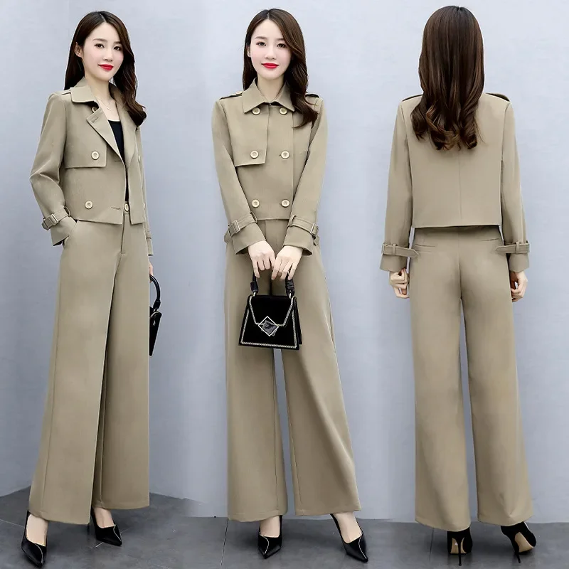 Lnsozkdg Autumn British Casual Short Suit Jacket Wide Leg Pants Set Commuting Retro Double Breasted Blazers Pants Two-piece Set