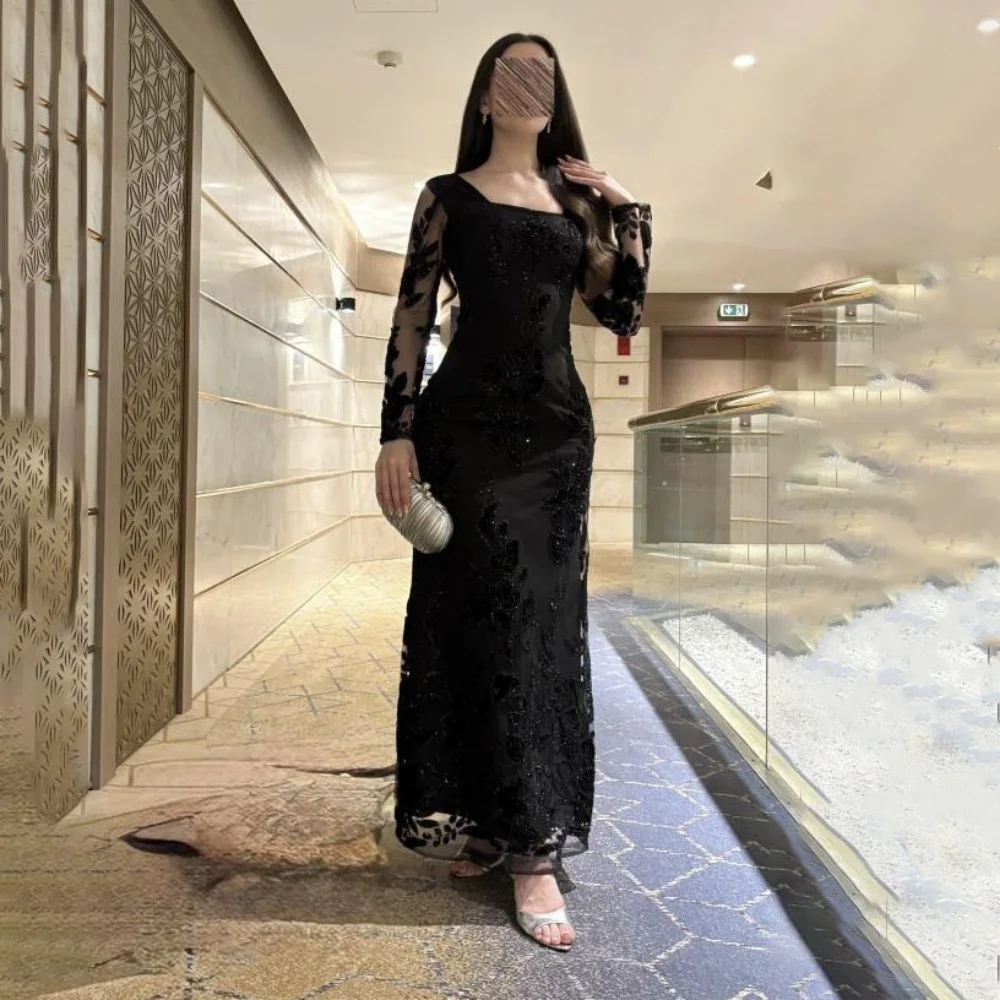 Abito da sera increspato a maniche lunghe squisito personalizzato Abito da ballo con volant sexy Elegante abito da festa con applicazioni in pizzo a sirena فسات