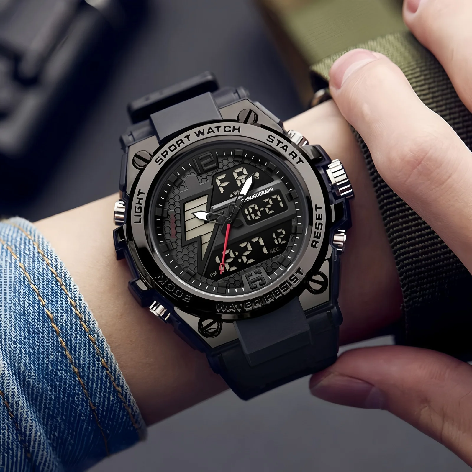 Trendy Men's Large Dial Multifunctional Sports Watch, Digital Pointer Dual Display Student Electronic Watch