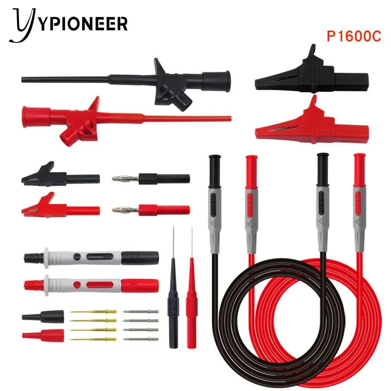 YPioneer-مجموعة اختبار الرصاص متعدد المقاييس P1600 ، مقابس الموز 4 مللي متر ، مقاطع التمساح ، خطاف صغير ، مسبار ثقب
