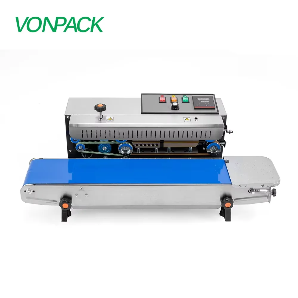 VONPACK FR-900 آلة ختم شريط الفولاذ المقاوم للصدأ المستمر مصنع أفقي فيلم بلاستيكي جهاز غلق أكياس الطعام مع توقف الطوارئ