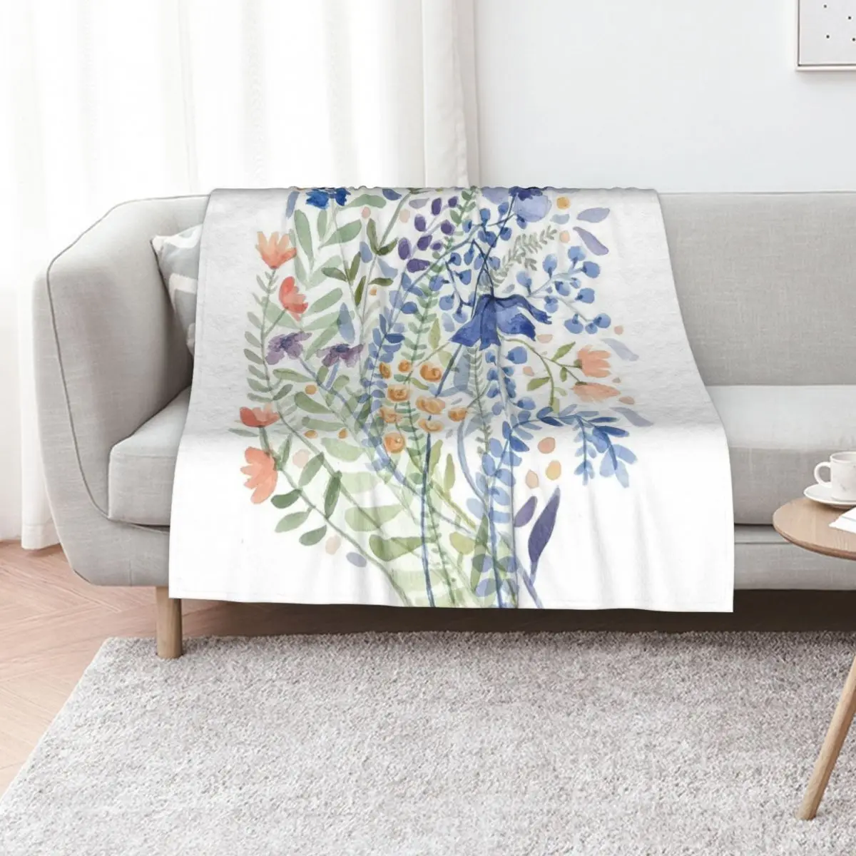 Blue Summer Watercolor Bouquet Painting Throw Blanket sofa bed Plaid Polar valentine gift ideas Softest Single Blankets