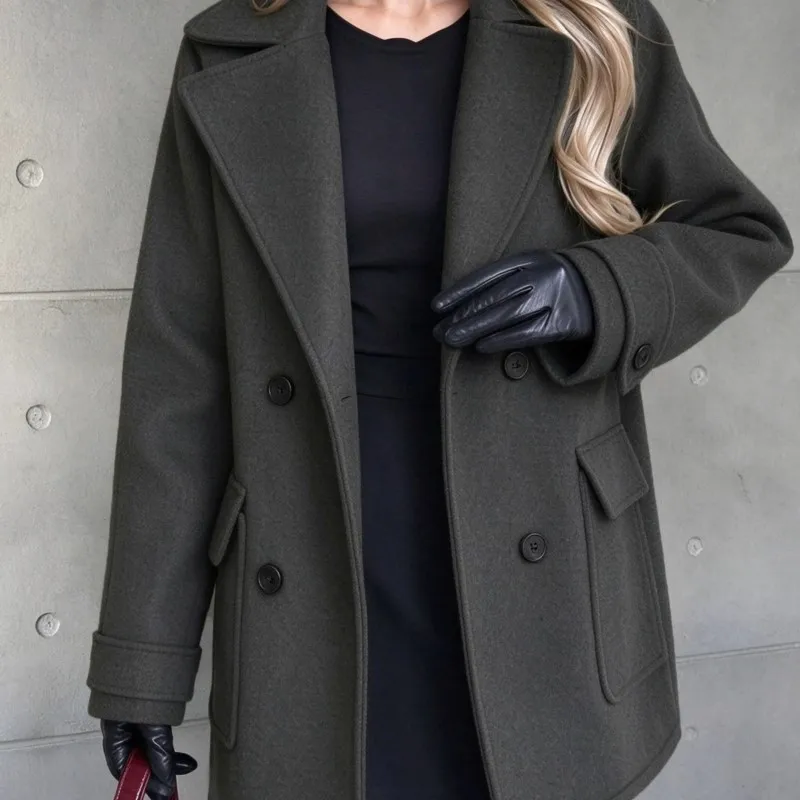 2026 New Women's Autumn And Winter Woolen Coat Solid Color Double Breasted With Pockets Comfortable Fashionable Temperament Coat