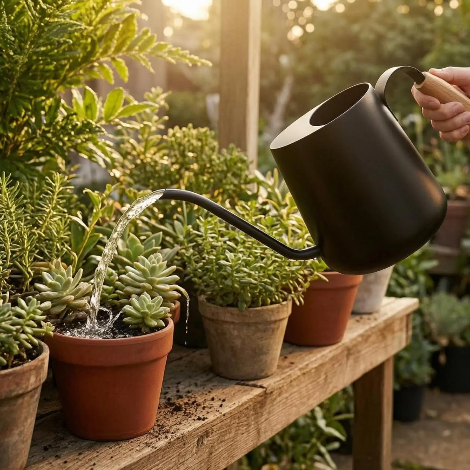 Compact Watering Can Stainless Steel with Gooseneck Design Wooden Handle Plant Moisture Control Jug for Household Plant Care