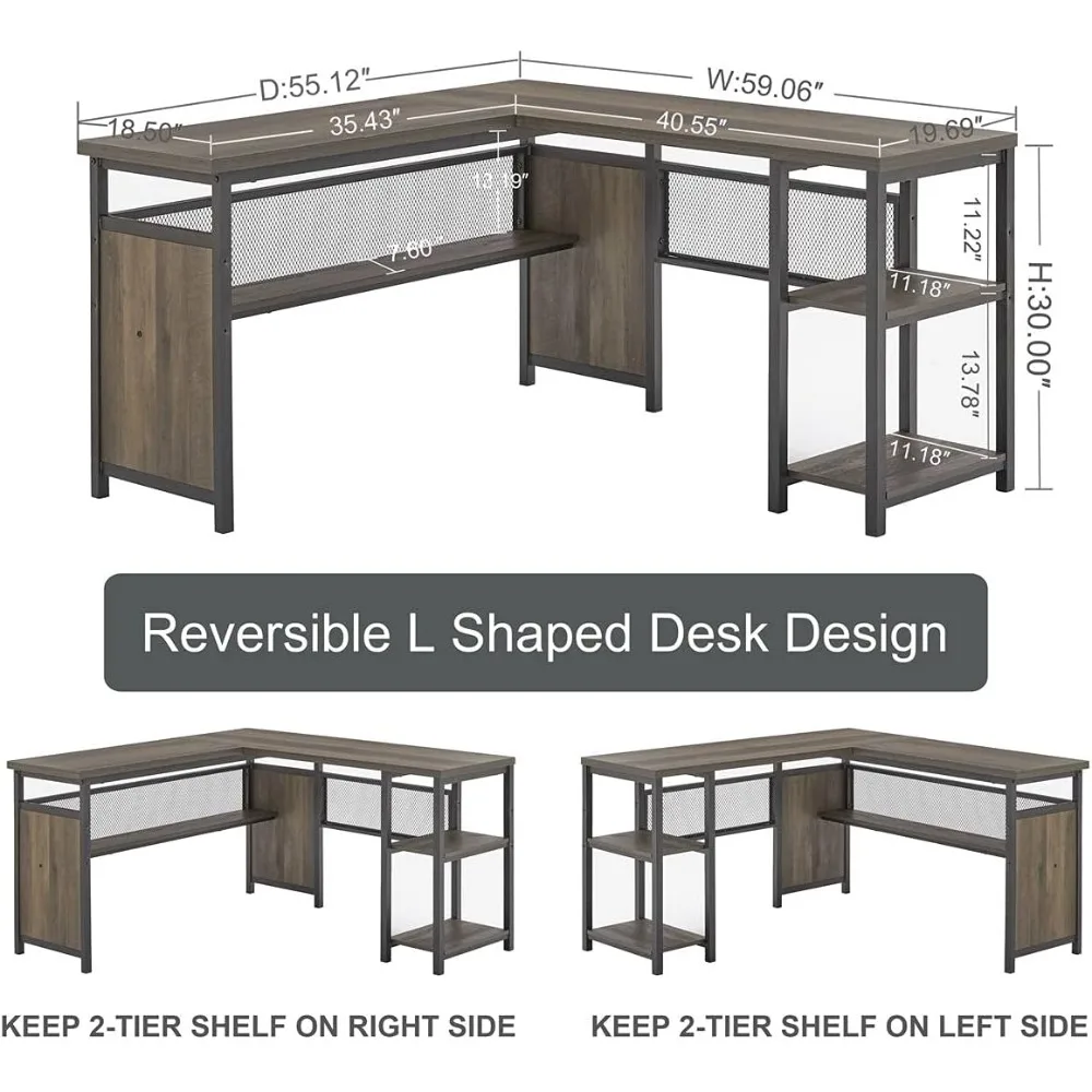 L Shaped Computer Desk, Industrial Home Office Desk with Shelves, Reversible Wood and Metal Corner Desk (Walnut Brown, 59 Inch)